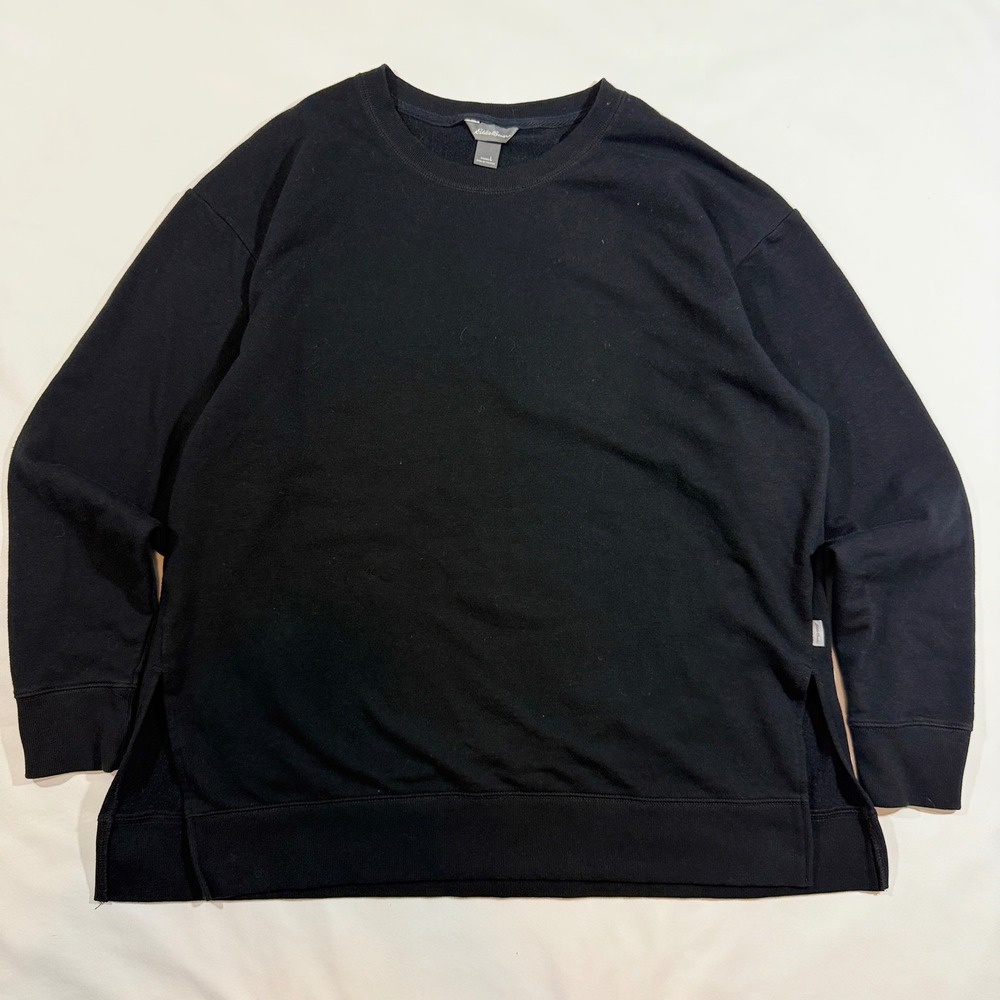 Eddie Bauer Sweatshirt Womens Large Black Good Side Slit Oversized Crewneck